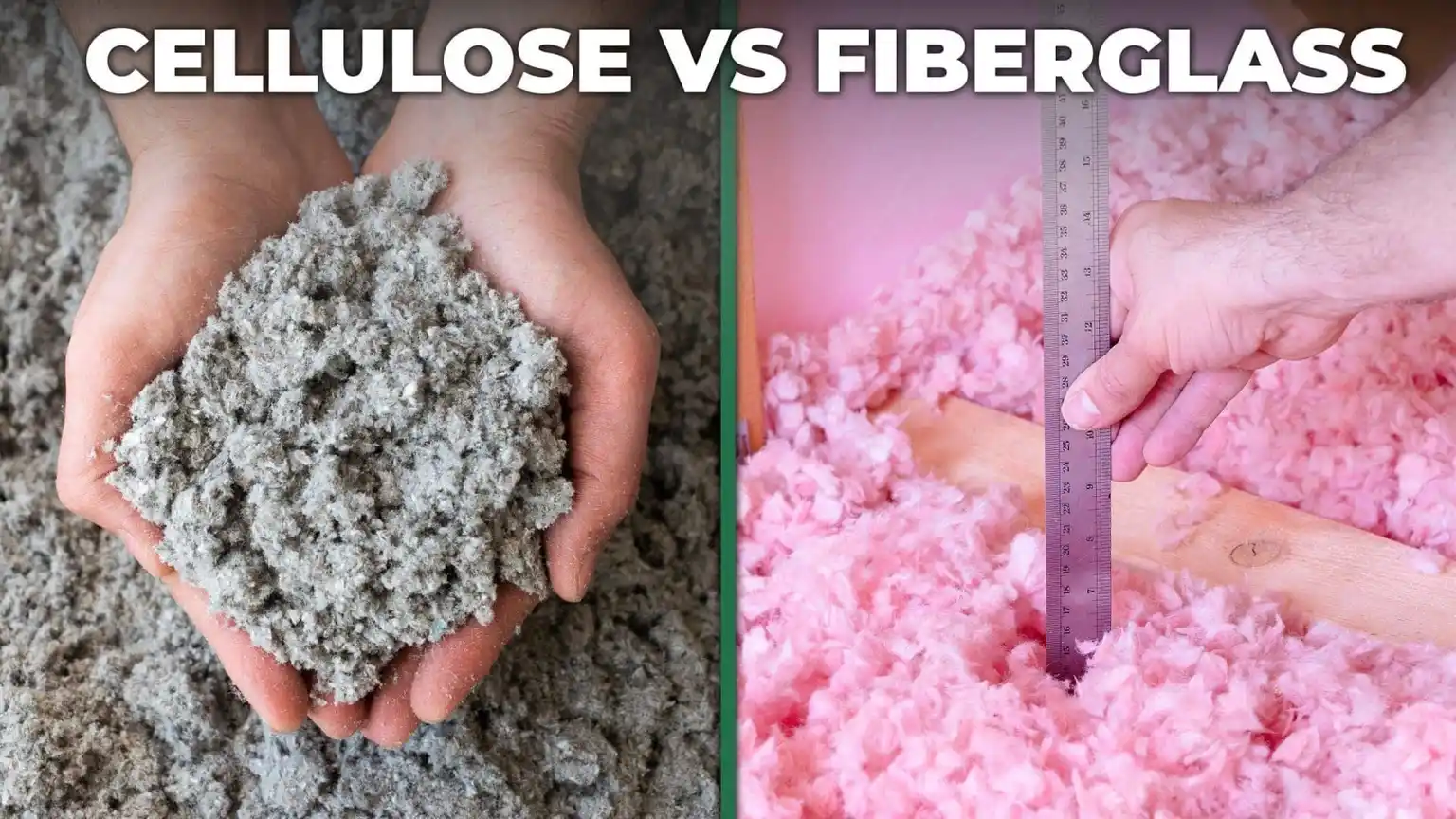 Visual comparison of cellulose and fiberglass insulation installation in residential settings